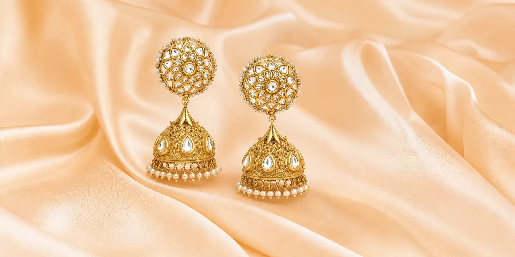 Gold jhumka earrings arranged on champagne satin