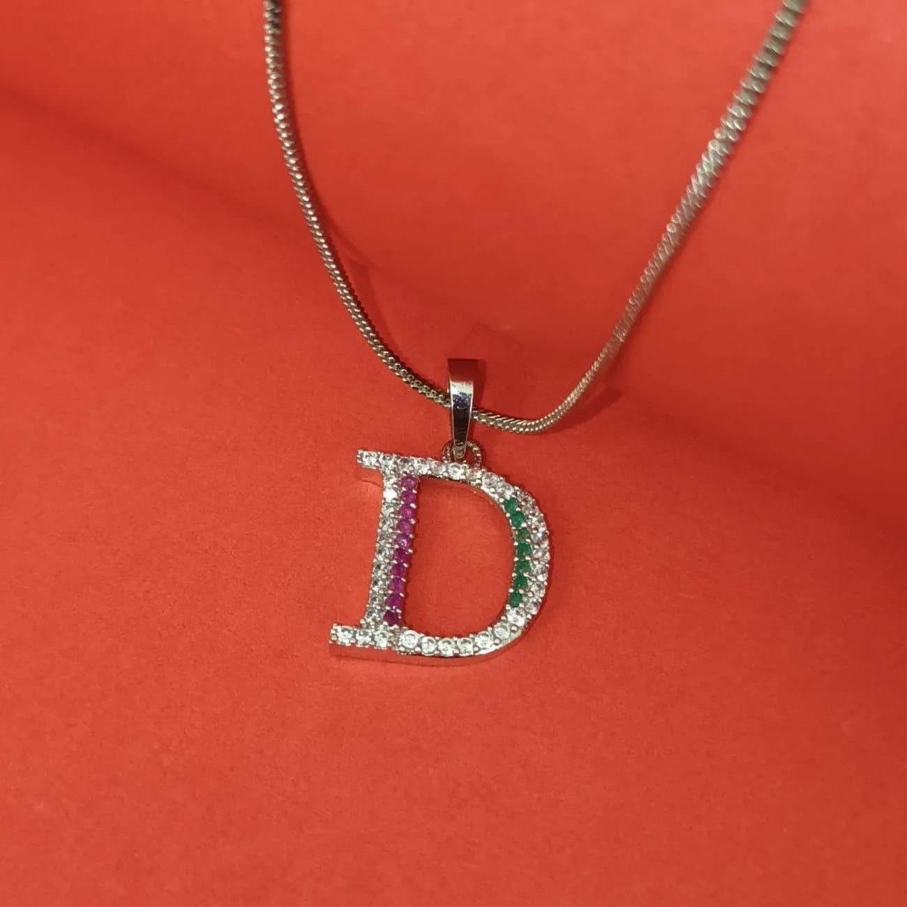 Nimoraa D Initial Silver Plated Pendant Chain with Red & Green Stones