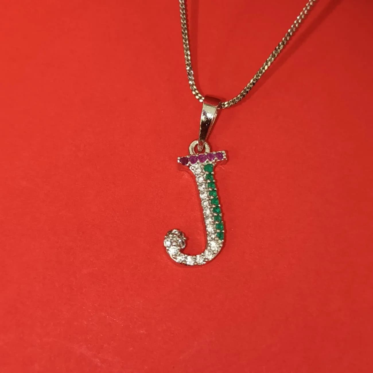 Nimoraa J Initial Silver Plated Pendant Chain with Red & Green Stones