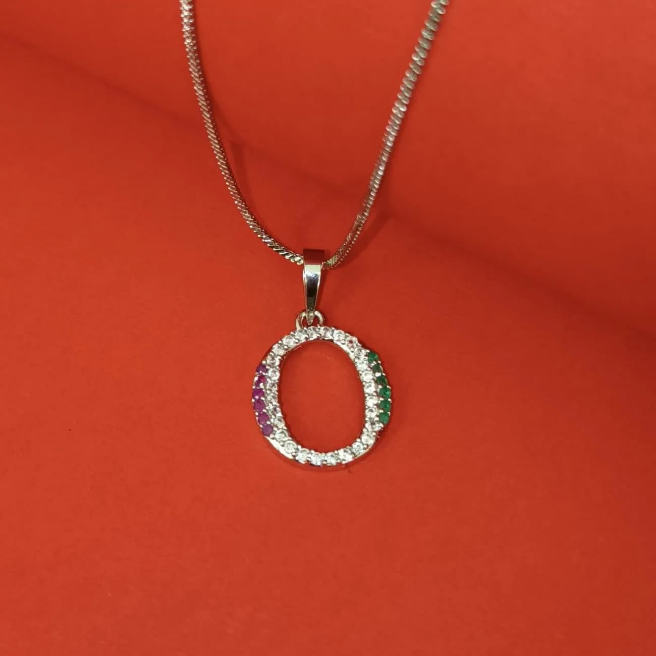 Nimoraa O Initial Silver Plated Pendant Chain with Red & Green Stones