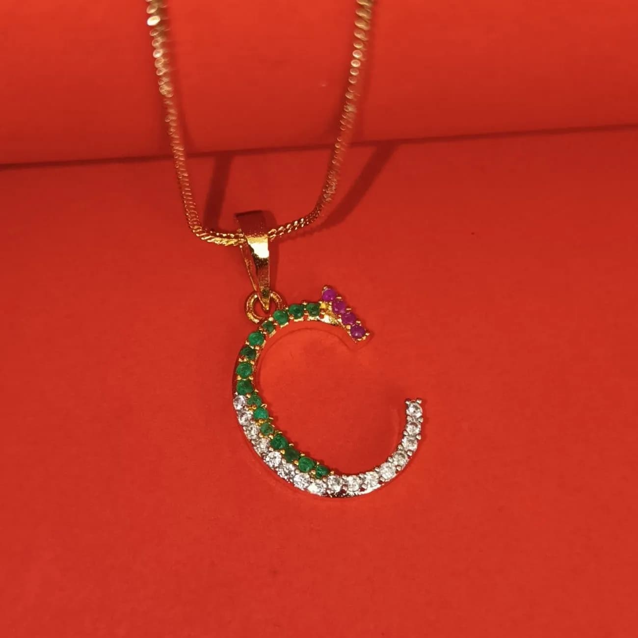 Nimoraa C Initial Gold Plated Pendant Chain with Red & Green Stones