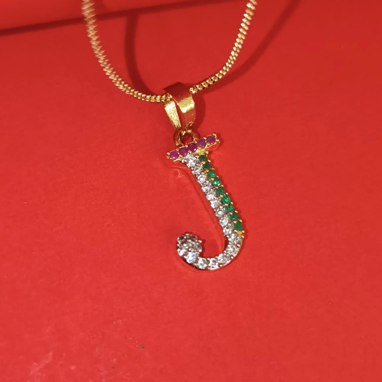 Nimoraa J Initial Gold Plated Pendant Chain with Red & Green Stones