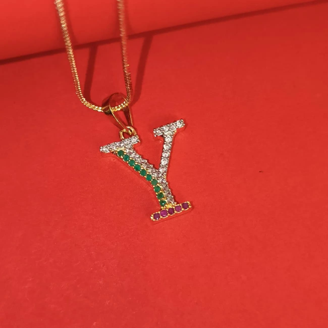 Nimoraa Y Initial Gold Plated Pendant Chain with Red & Green Stones