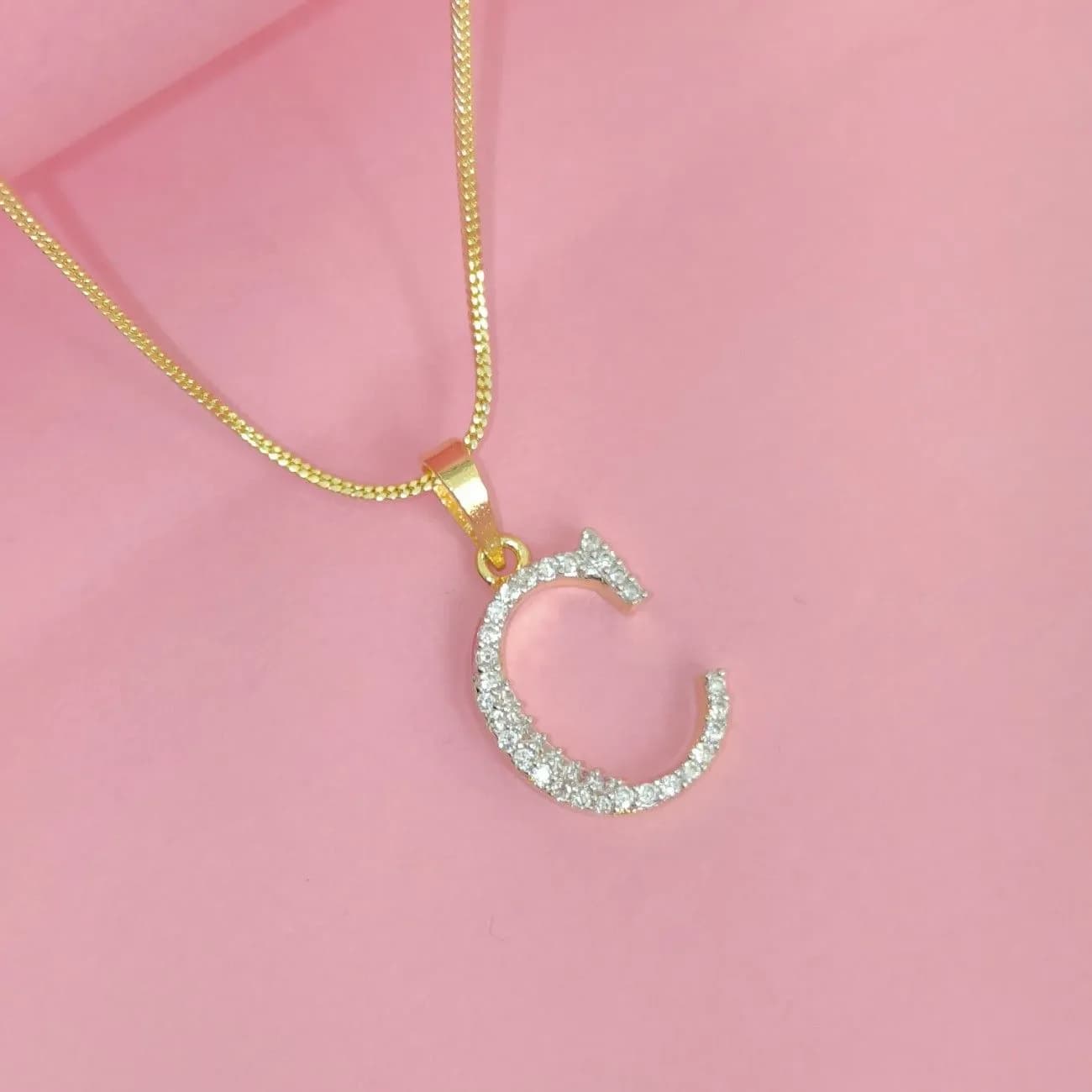 Nimoraa C Initial Small Gold Plated White Stone Pendant Chain
