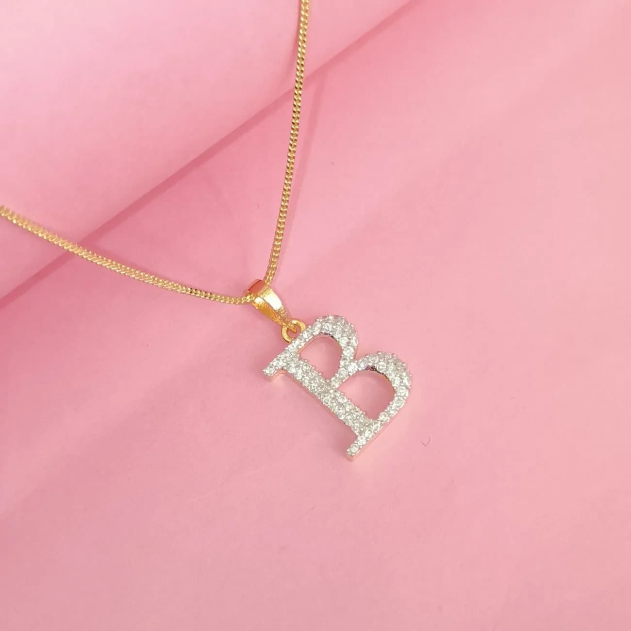 Nimoraa B Initial Small Gold Plated White Stone Pendant Chain