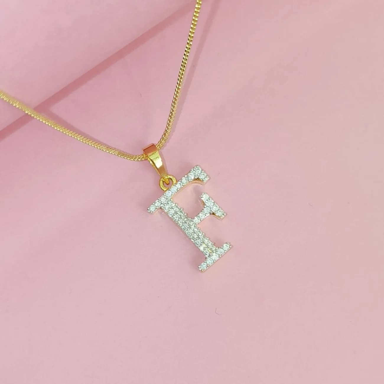 Nimoraa F Initial Small Gold Plated White Stone Pendant Chain