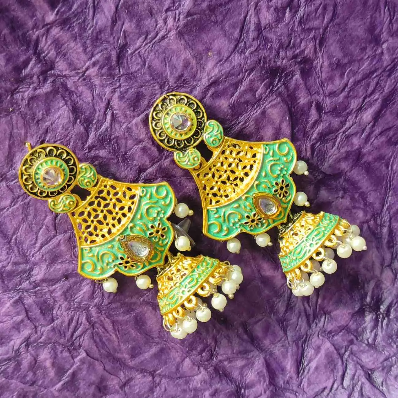 Nimoraa Firoza Handpainted Jhumka Earrings