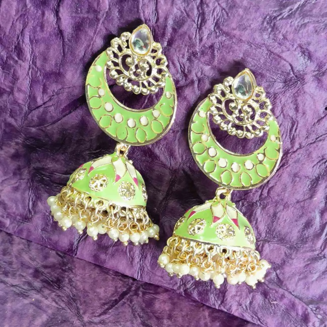 Nimoraa Pista Noor Jhumka Earrings