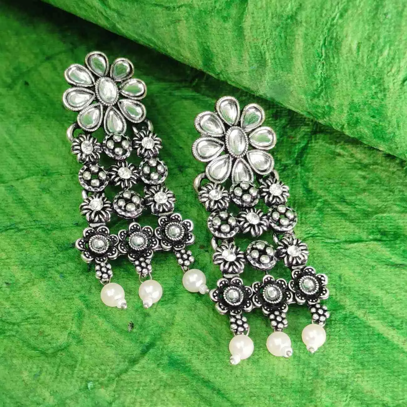 Nimoraa Phoolkari Oxidised Pearl Drop Earrings