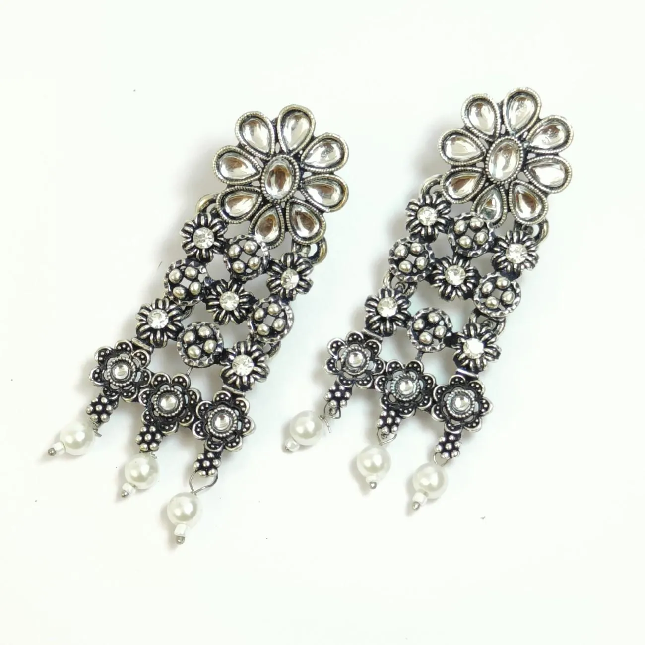 Nimoraa Phoolkari Oxidised Pearl Drop Earrings