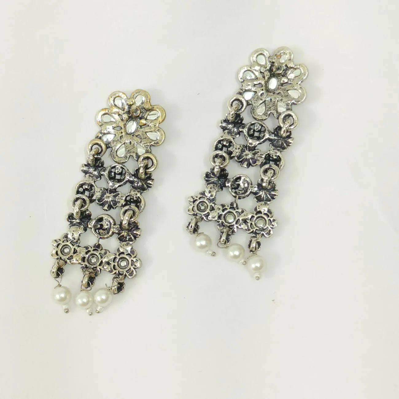 Nimoraa Phoolkari Oxidised Pearl Drop Earrings