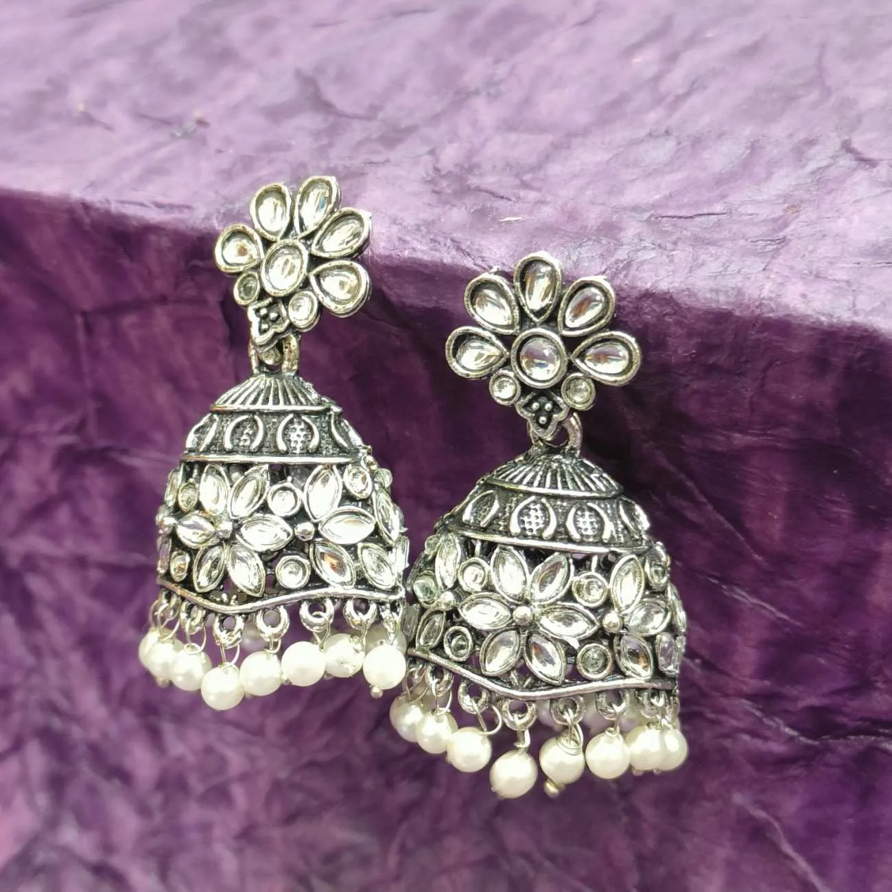 Nimoraa Noor Phool Oxidised Jhumka Earrings