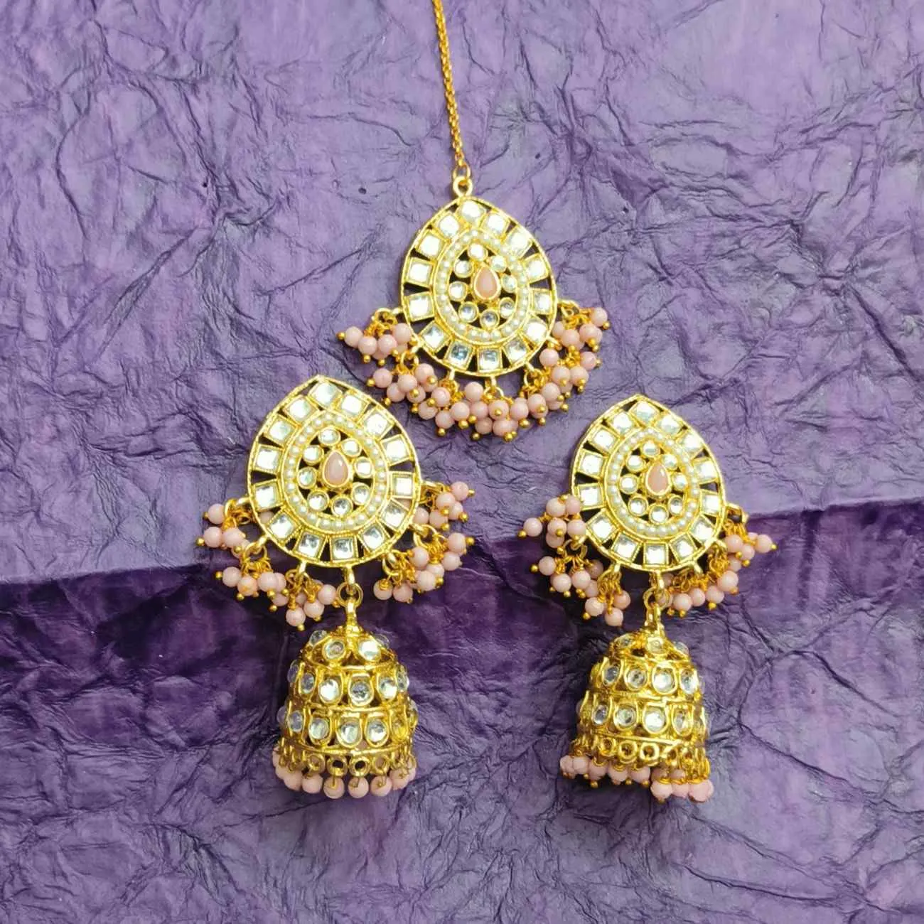 Nimoraa Gulnaar Mirror Jhumka Maang Tikka Set