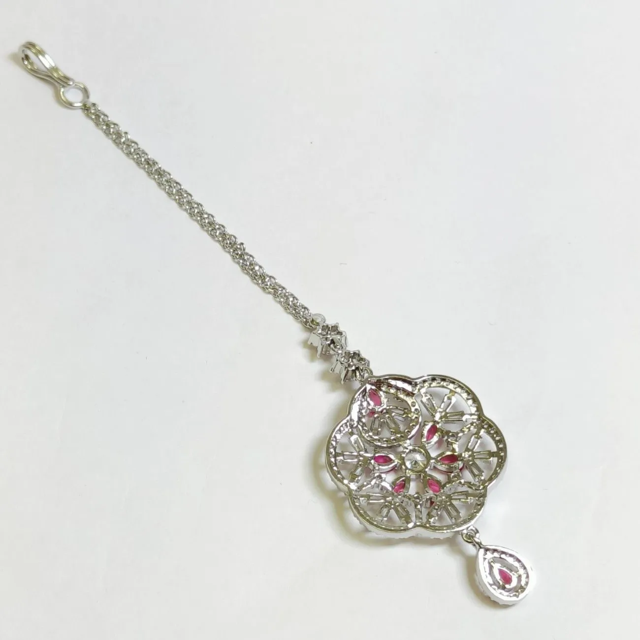 Nimoraa Ruby Bloom Silver Maang Tikka