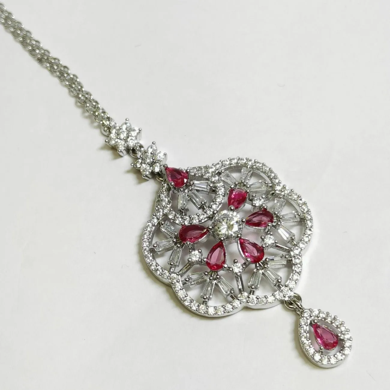 Nimoraa Ruby Bloom Silver Maang Tikka