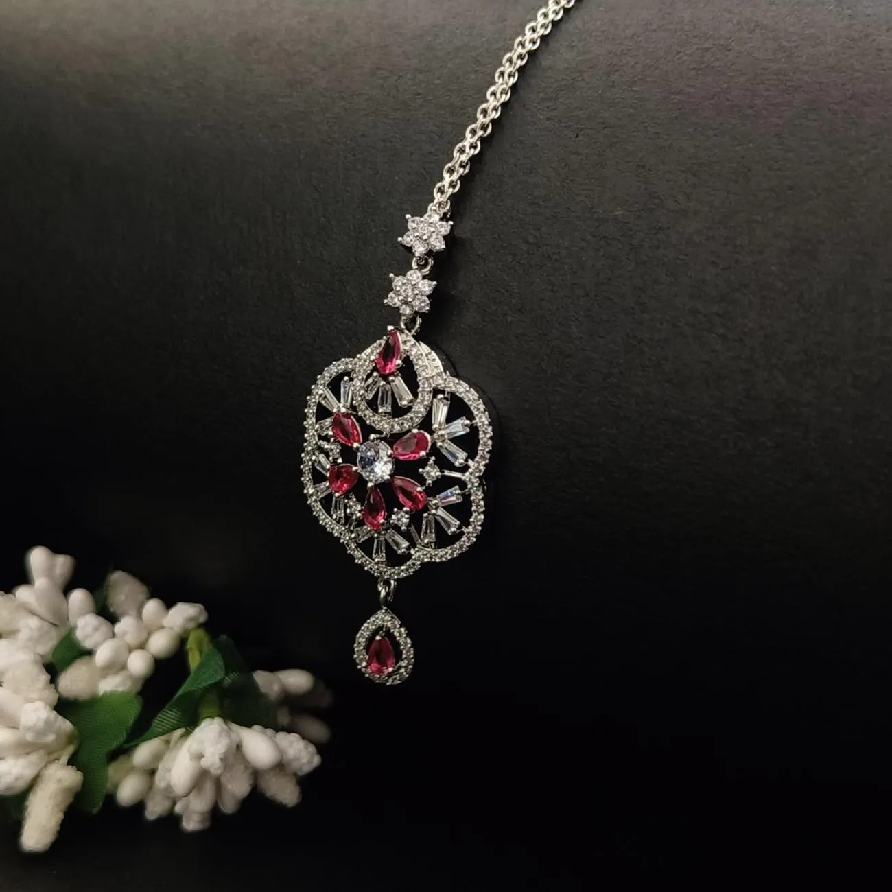 Nimoraa Ruby Bloom Silver Maang Tikka