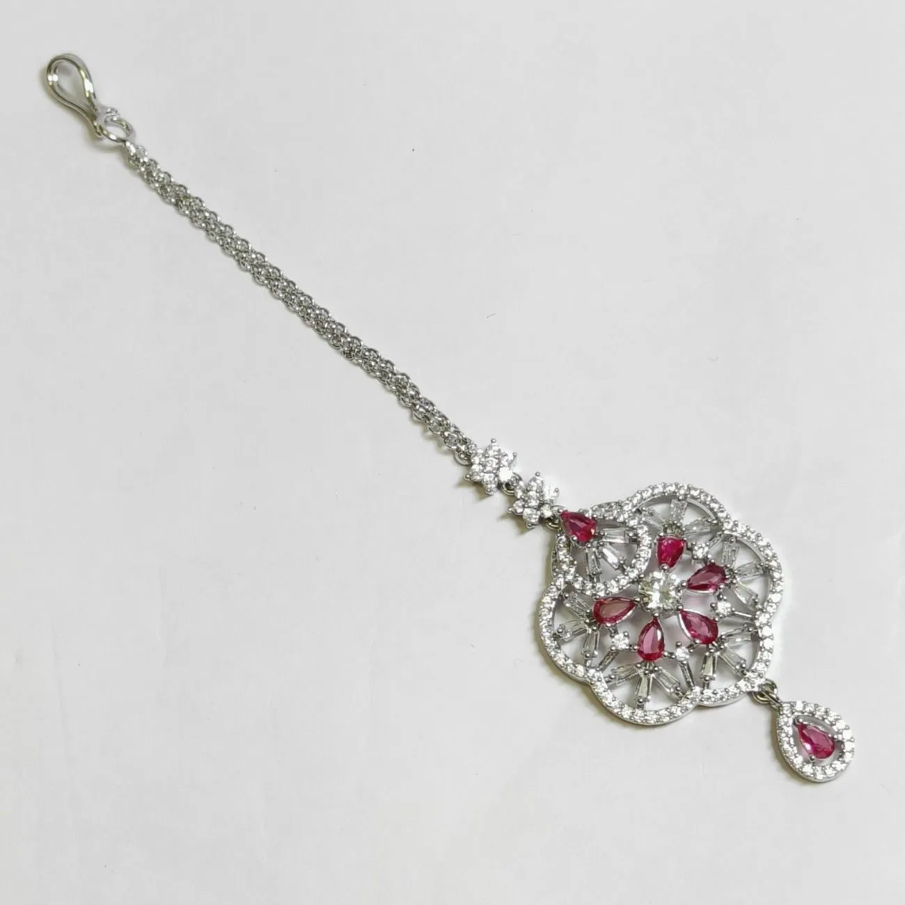 Nimoraa Ruby Bloom Silver Maang Tikka