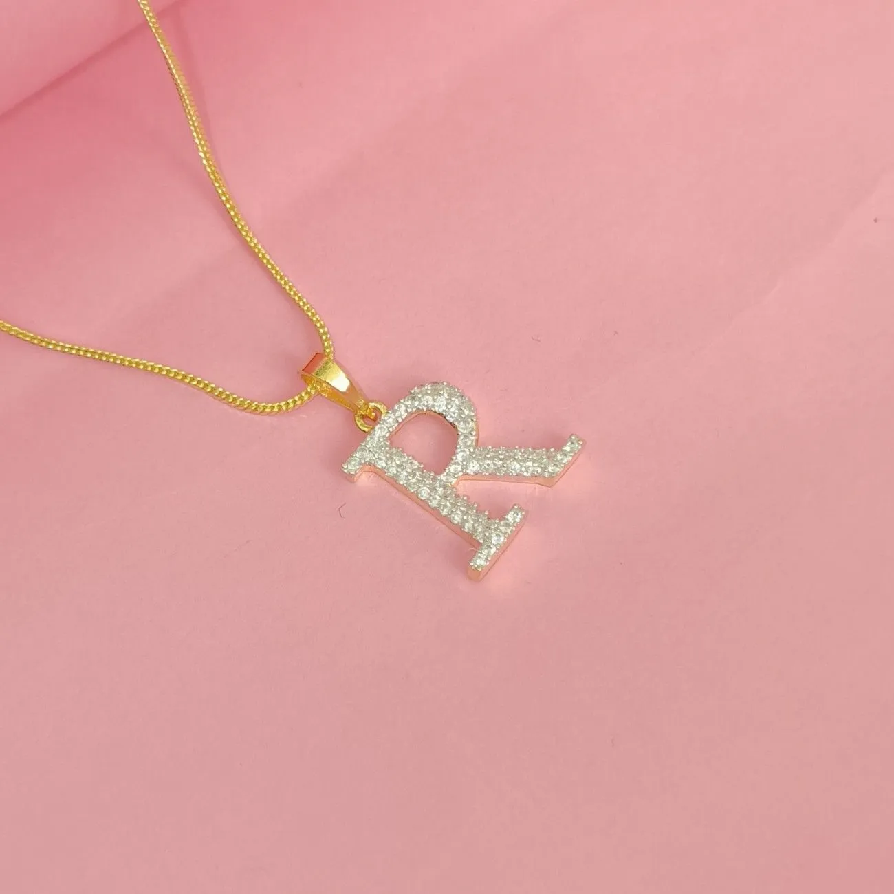 Nimoraa R Initial Small Gold Plated White Stone Pendant Chain