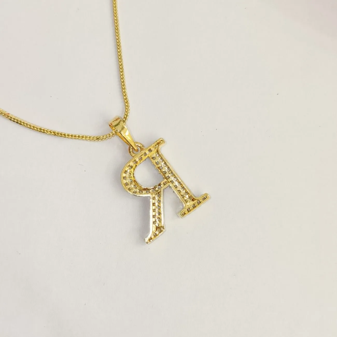 Nimoraa R Initial Small Gold Plated White Stone Pendant Chain