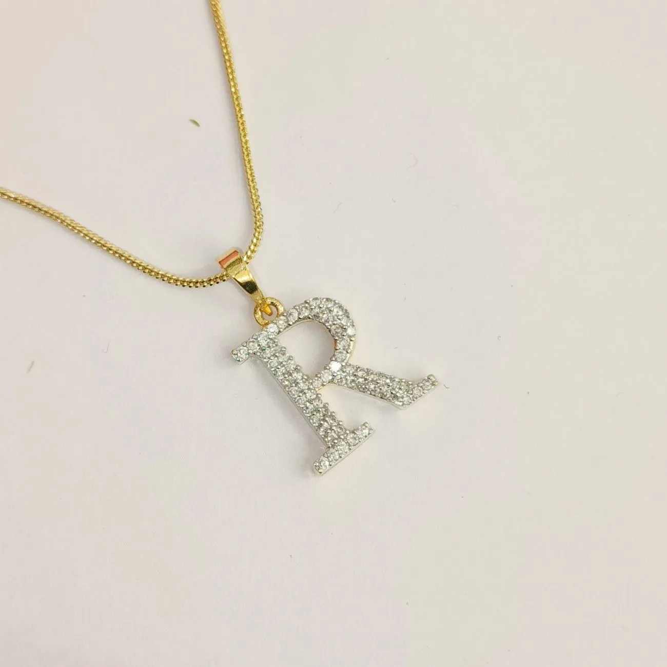 Nimoraa R Initial Small Gold Plated White Stone Pendant Chain