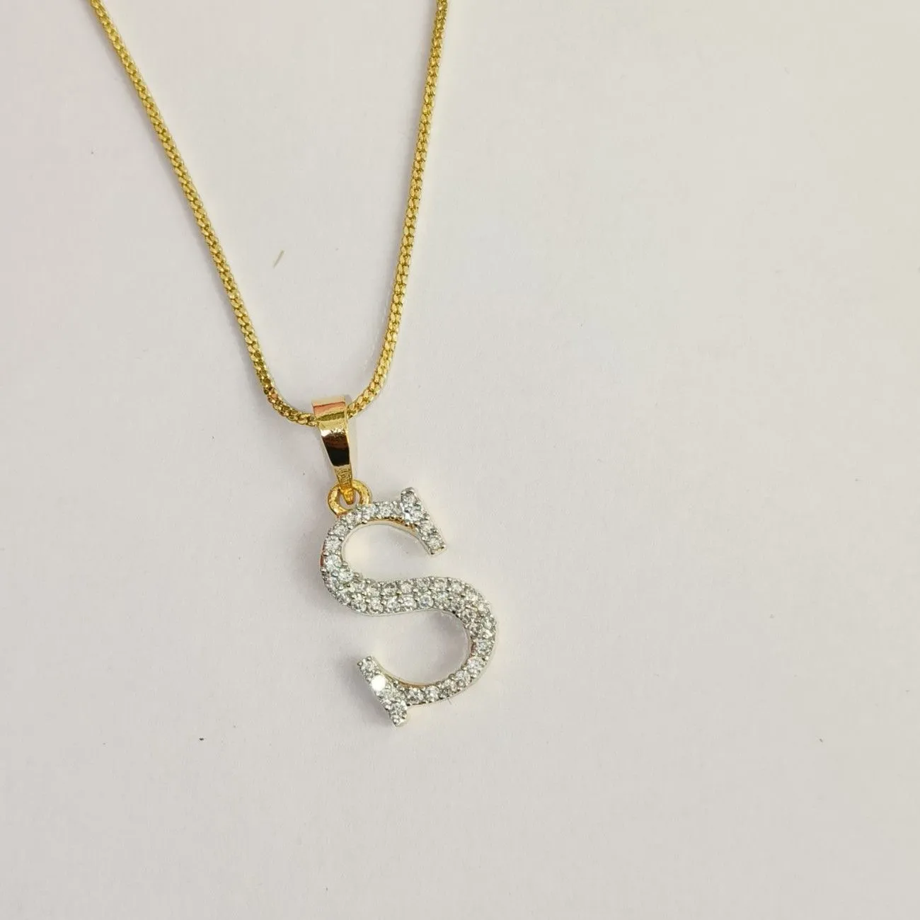Nimoraa S Initial Small Gold Plated White Stone Pendant Chain