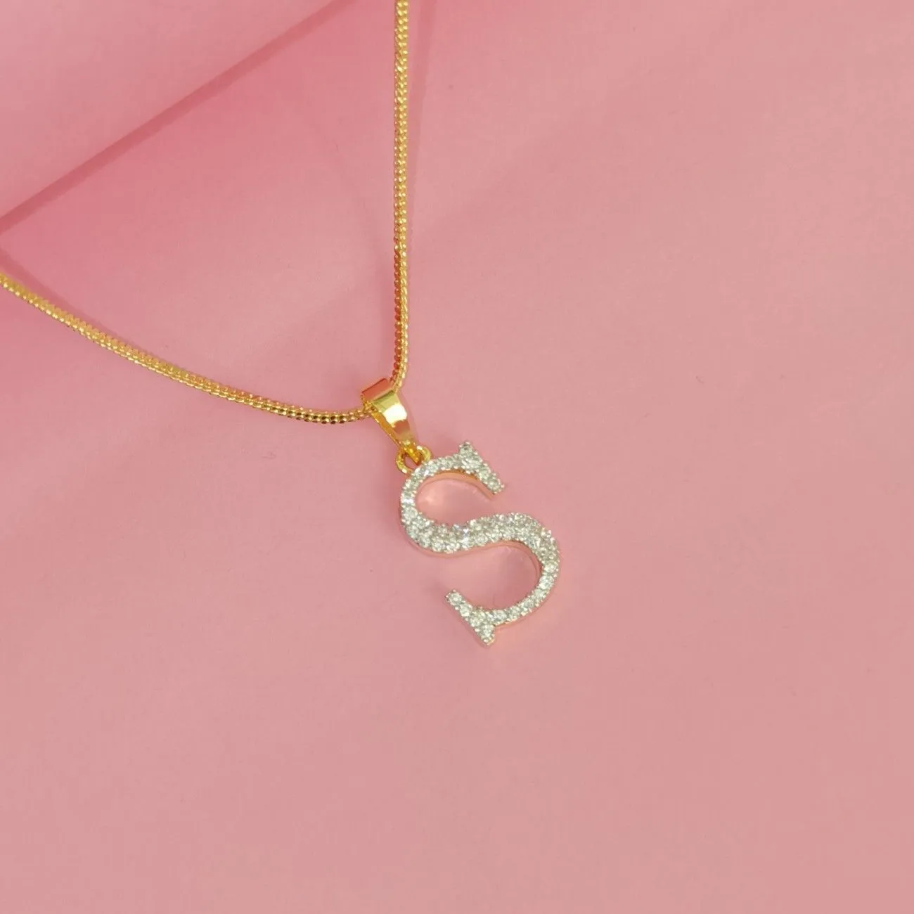 Nimoraa S Initial Small Gold Plated White Stone Pendant Chain