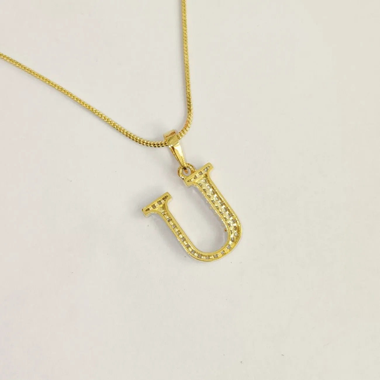 Nimoraa U Initial Small Gold Plated White Stone Pendant Chain
