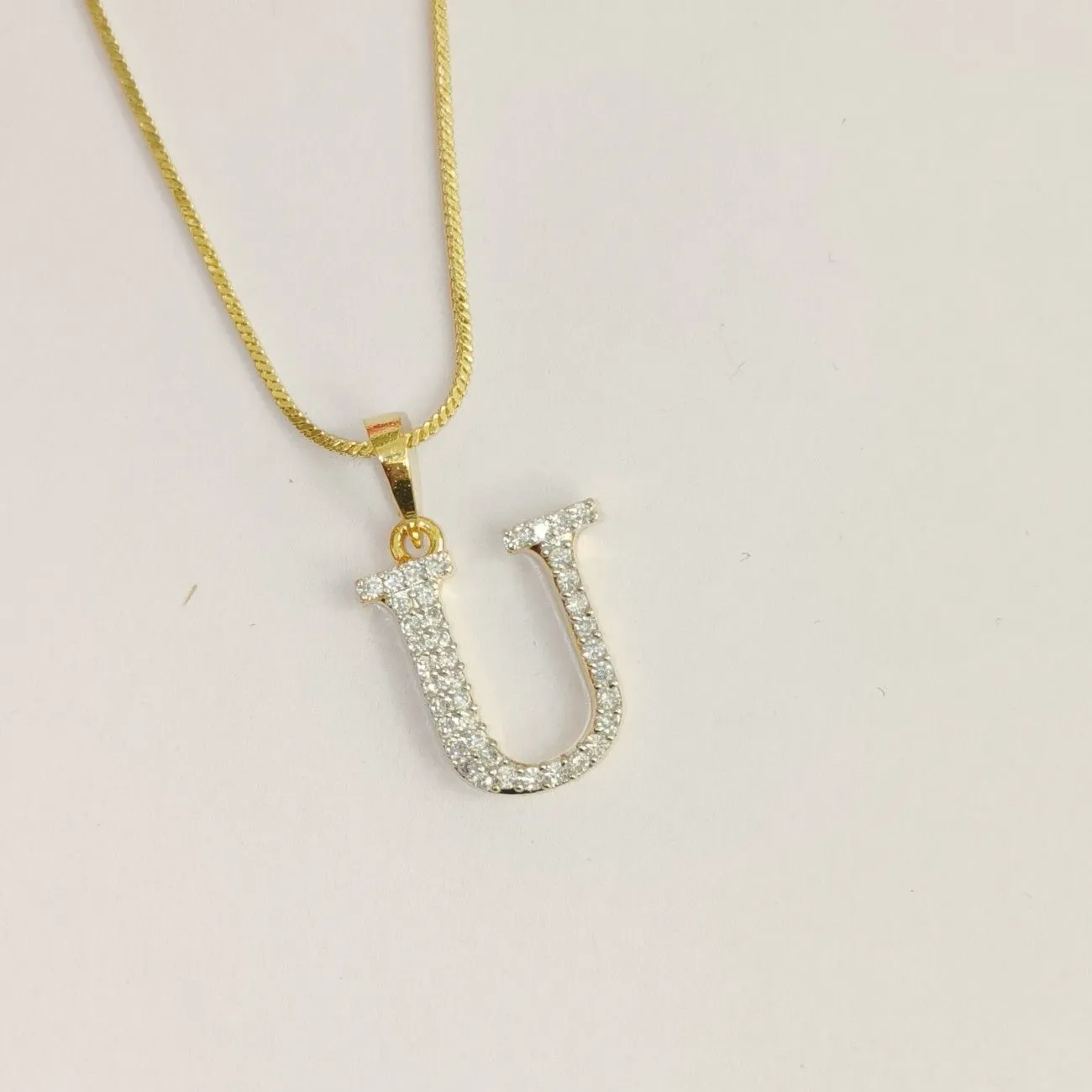 Nimoraa U Initial Small Gold Plated White Stone Pendant Chain