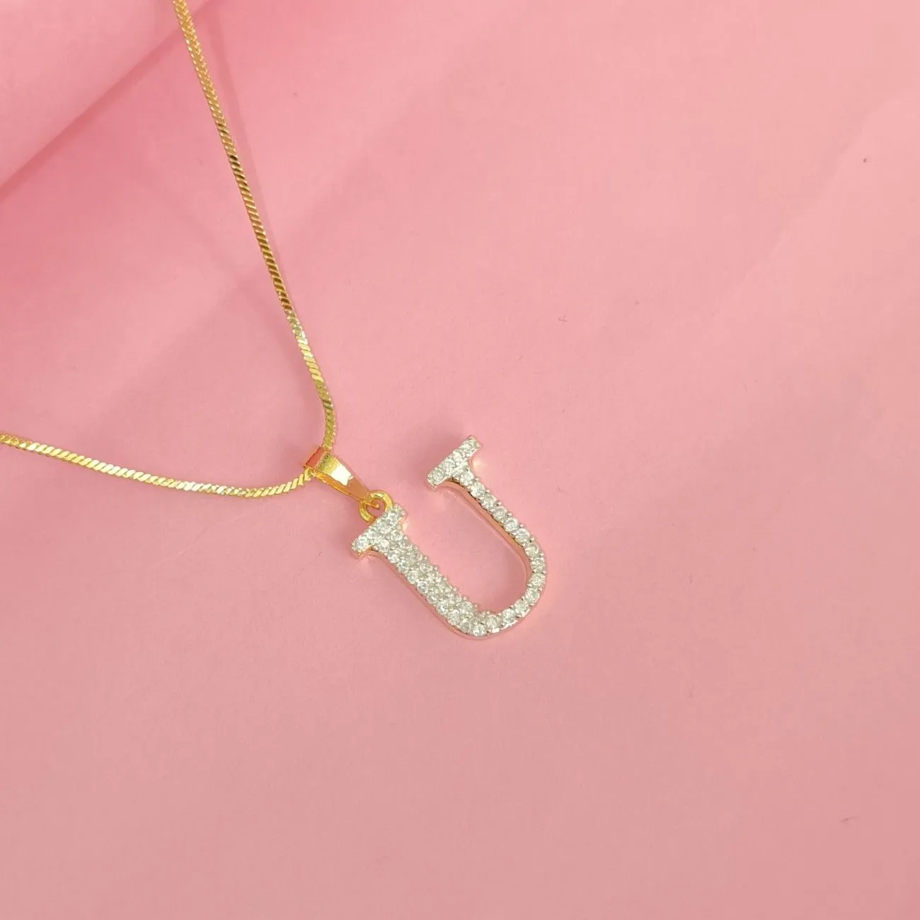 Nimoraa U Initial Small Gold Plated White Stone Pendant Chain