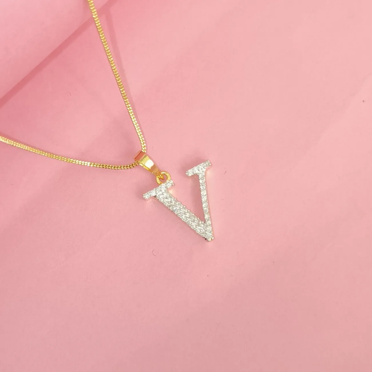 Nimoraa V Initial Small Gold Plated White Stone Pendant Chain