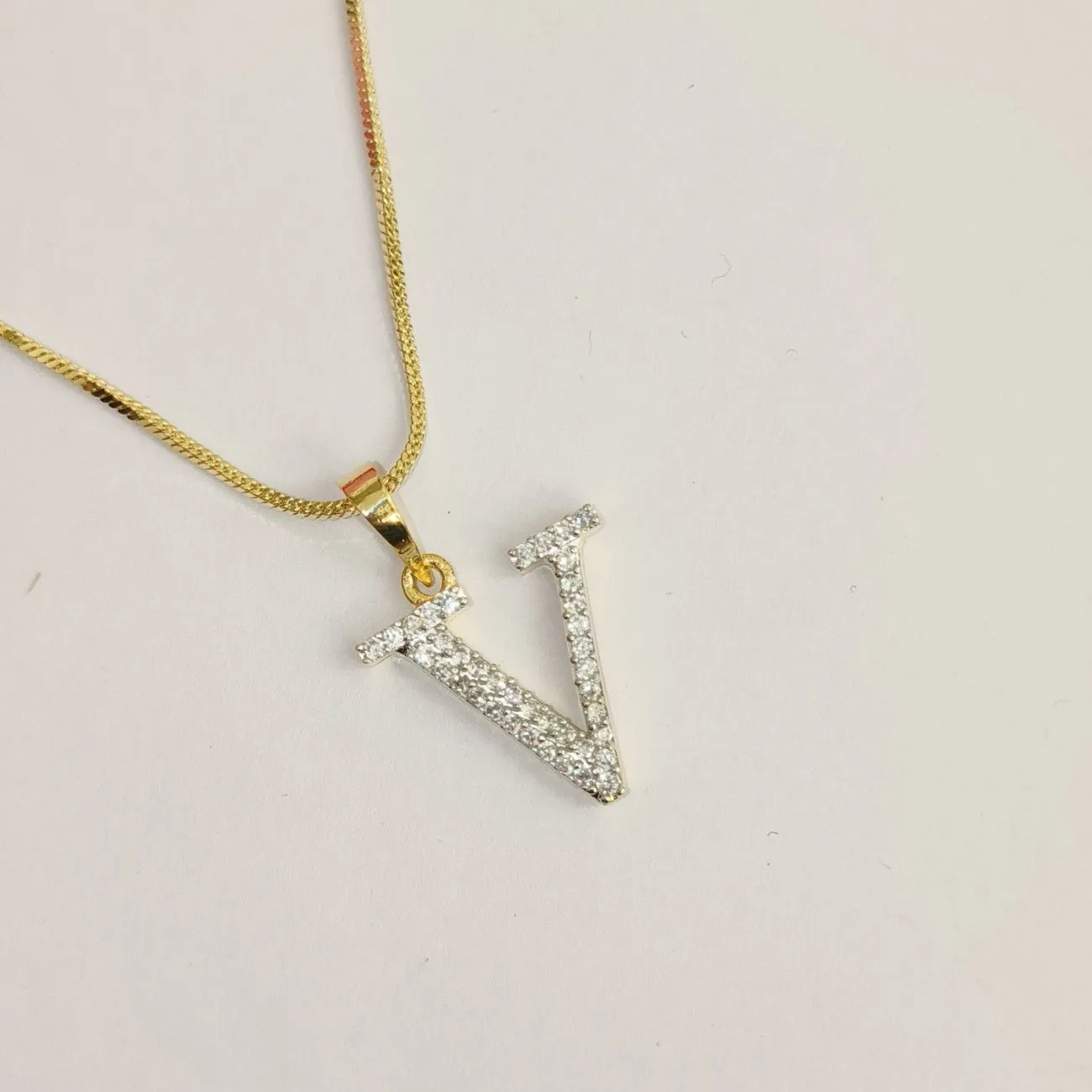Nimoraa V Initial Small Gold Plated White Stone Pendant Chain