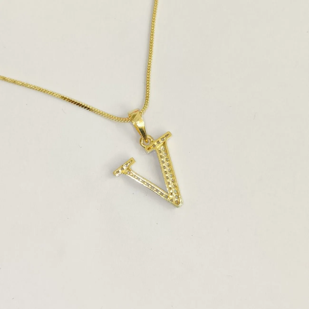 Nimoraa V Initial Small Gold Plated White Stone Pendant Chain