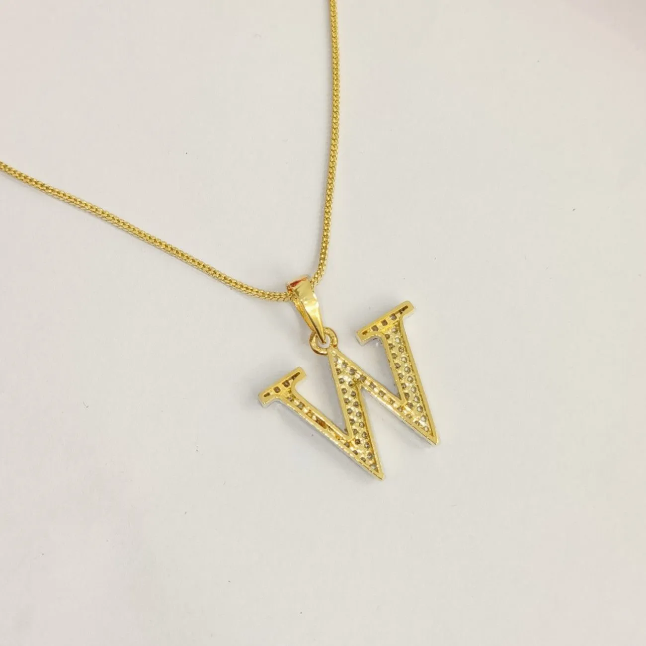 Nimoraa W Initial Small Gold Plated White Stone Pendant Chain
