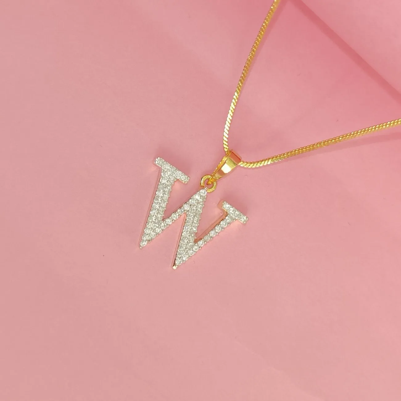 Nimoraa W Initial Small Gold Plated White Stone Pendant Chain