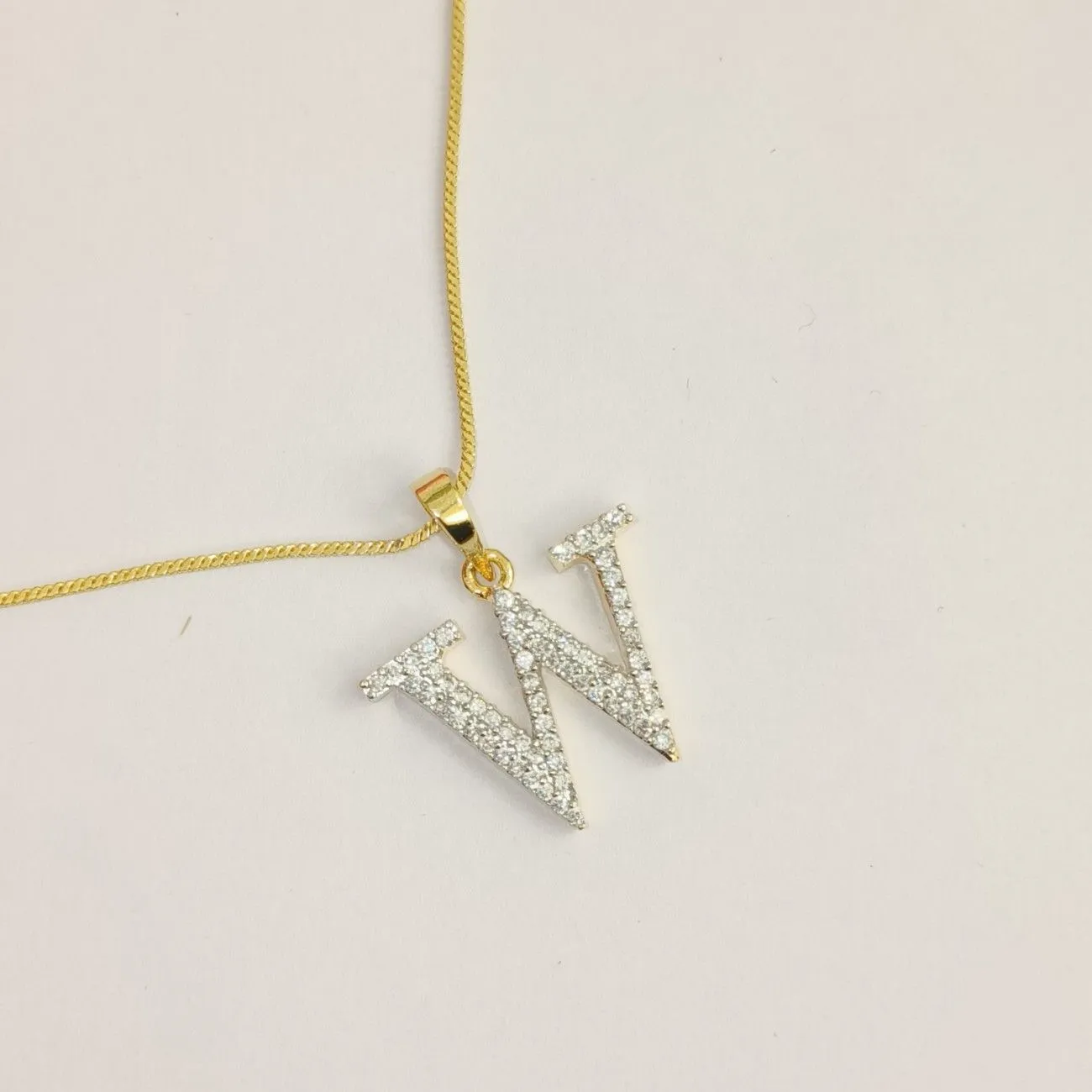 Nimoraa W Initial Small Gold Plated White Stone Pendant Chain