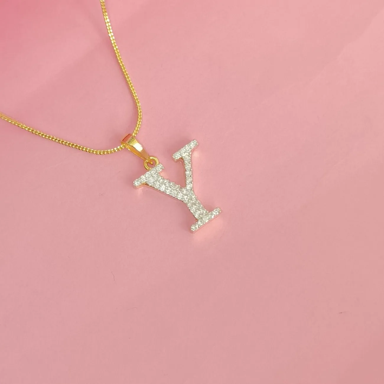 Nimoraa Y Initial Small Gold Plated White Stone Pendant Chain