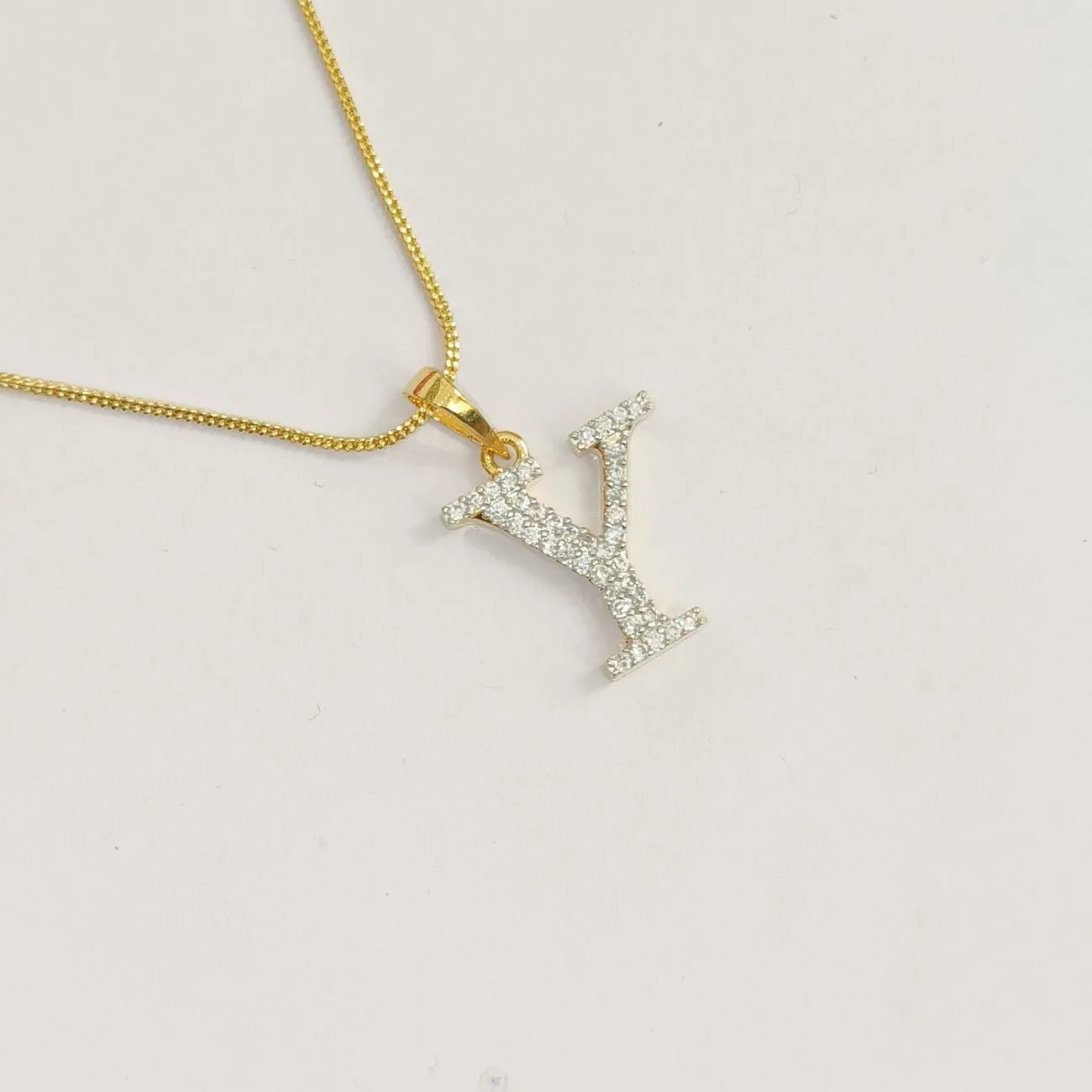 Nimoraa Y Initial Small Gold Plated White Stone Pendant Chain