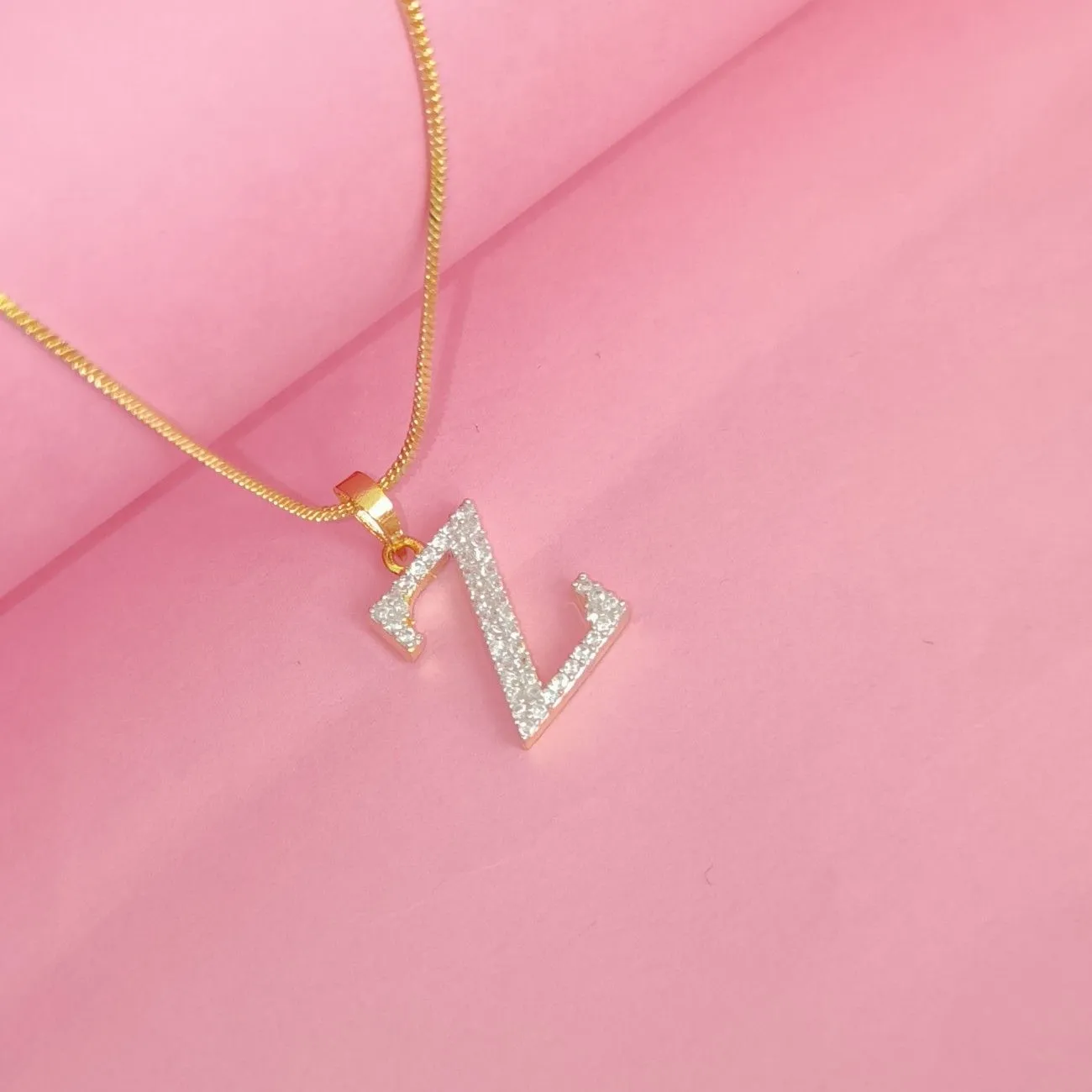 Nimoraa Z Initial Small Gold Plated White Stone Pendant Chain