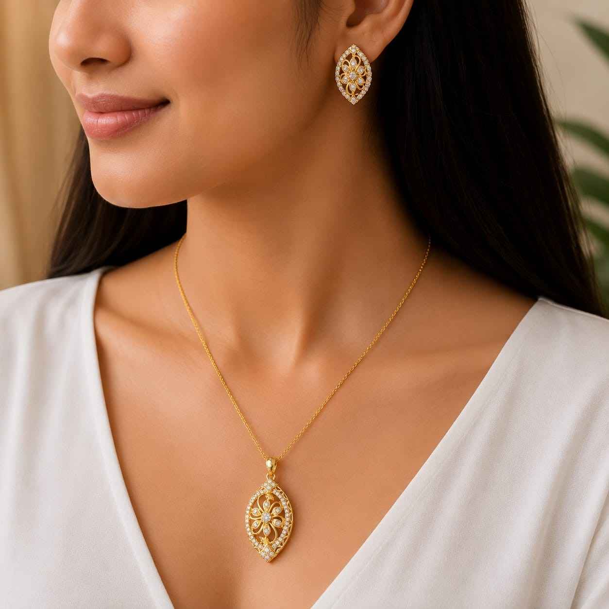 Nimoraa Gold Plated Floral Filigree Pendant Set with Chain