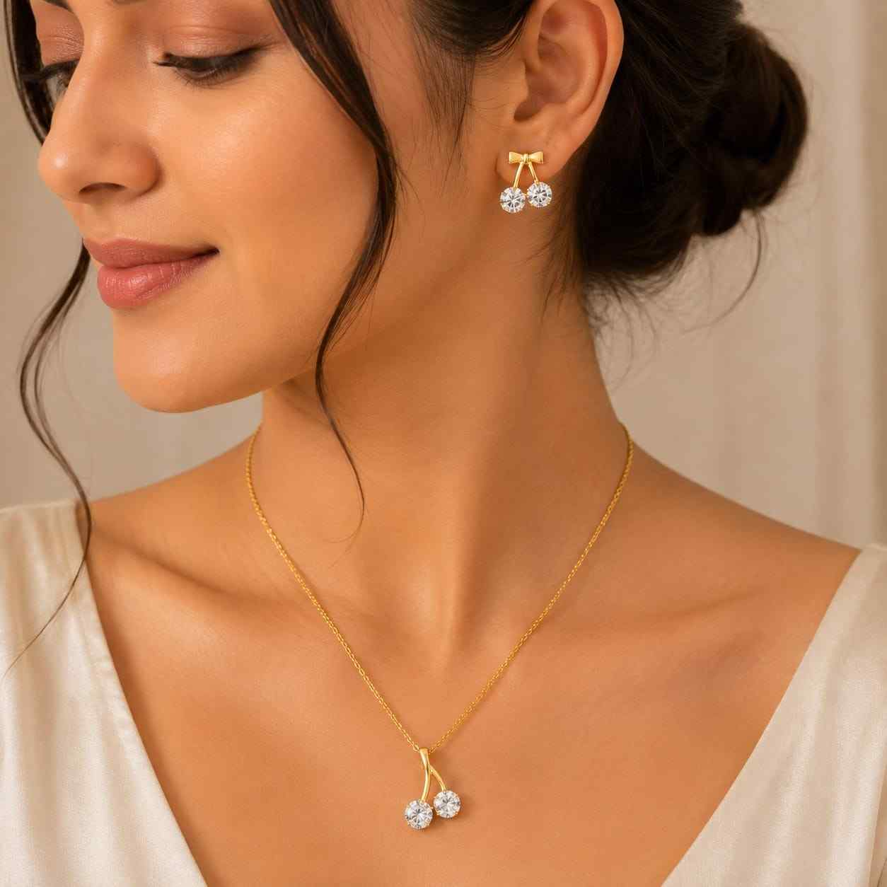 Nimoraa Twin Gold-Cherry Solitaire Pendant Set