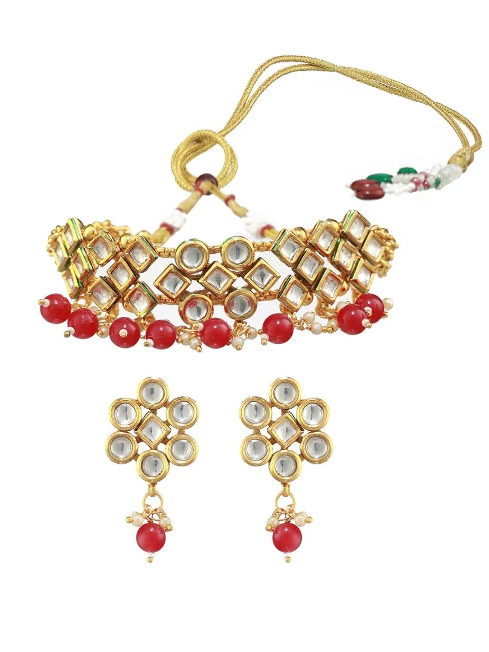 Red Geometric Kundan Pearl Gold-Plated Choker Jewellery Set