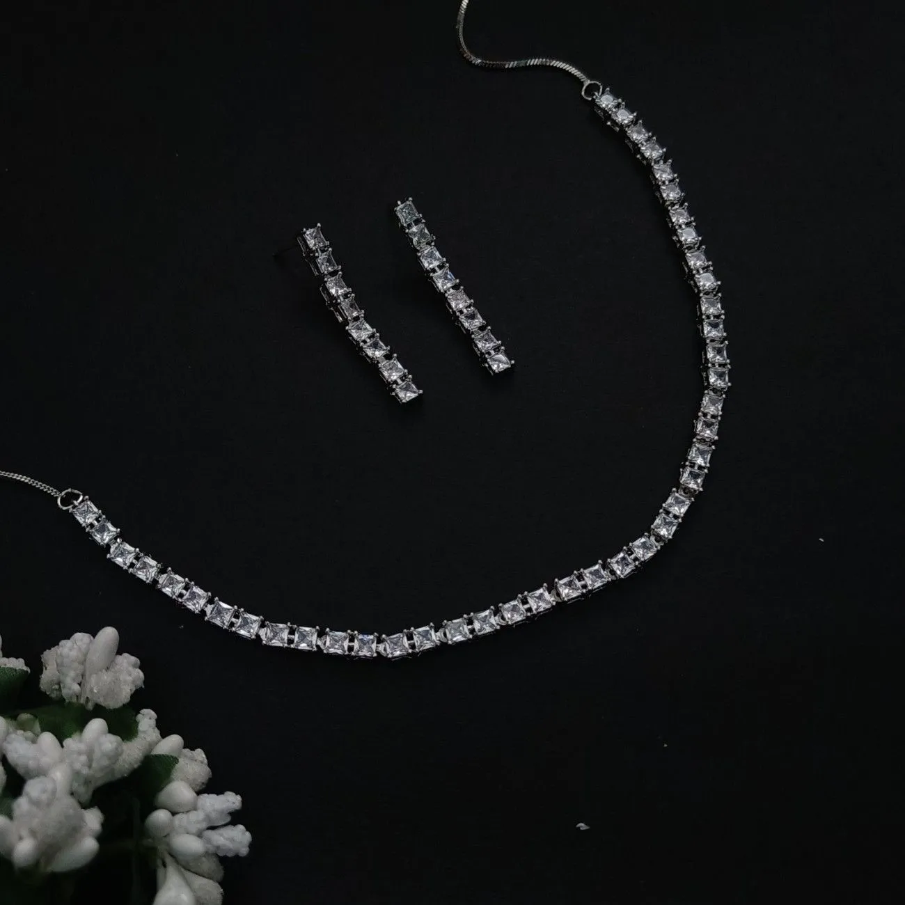Nimoraa Crystal Square Tennis Necklace Set