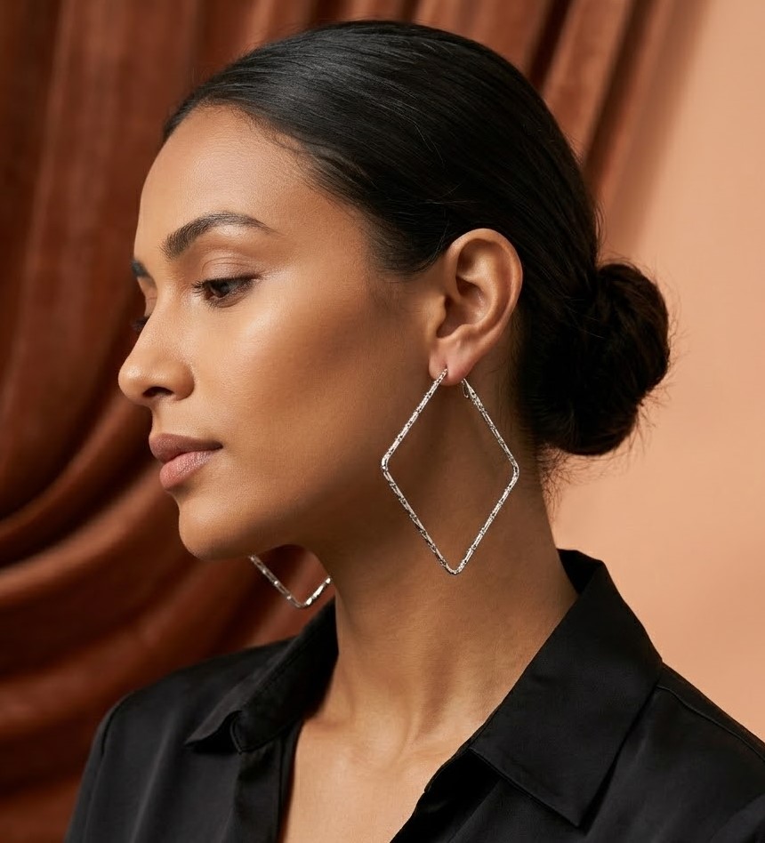 Nimoraa Textured Square Hoop Earrings – Silver Plated