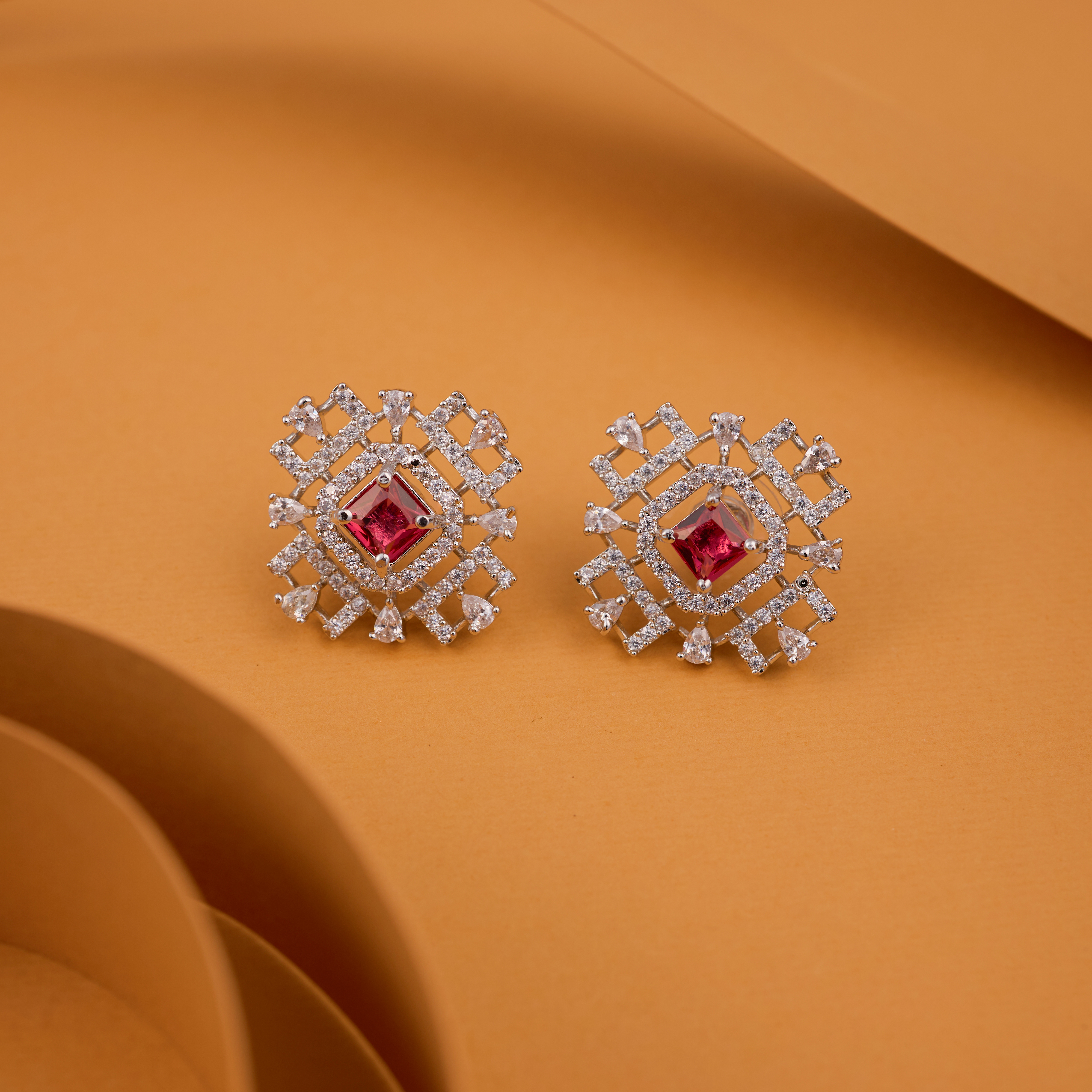 Geometric Red  Glowing Square Top Earrings