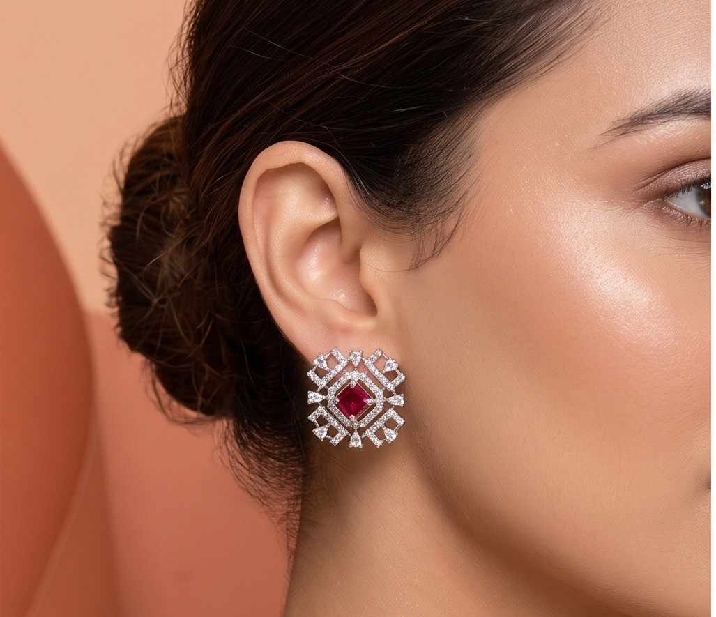 Geometric Red  Glowing Square Top Earrings