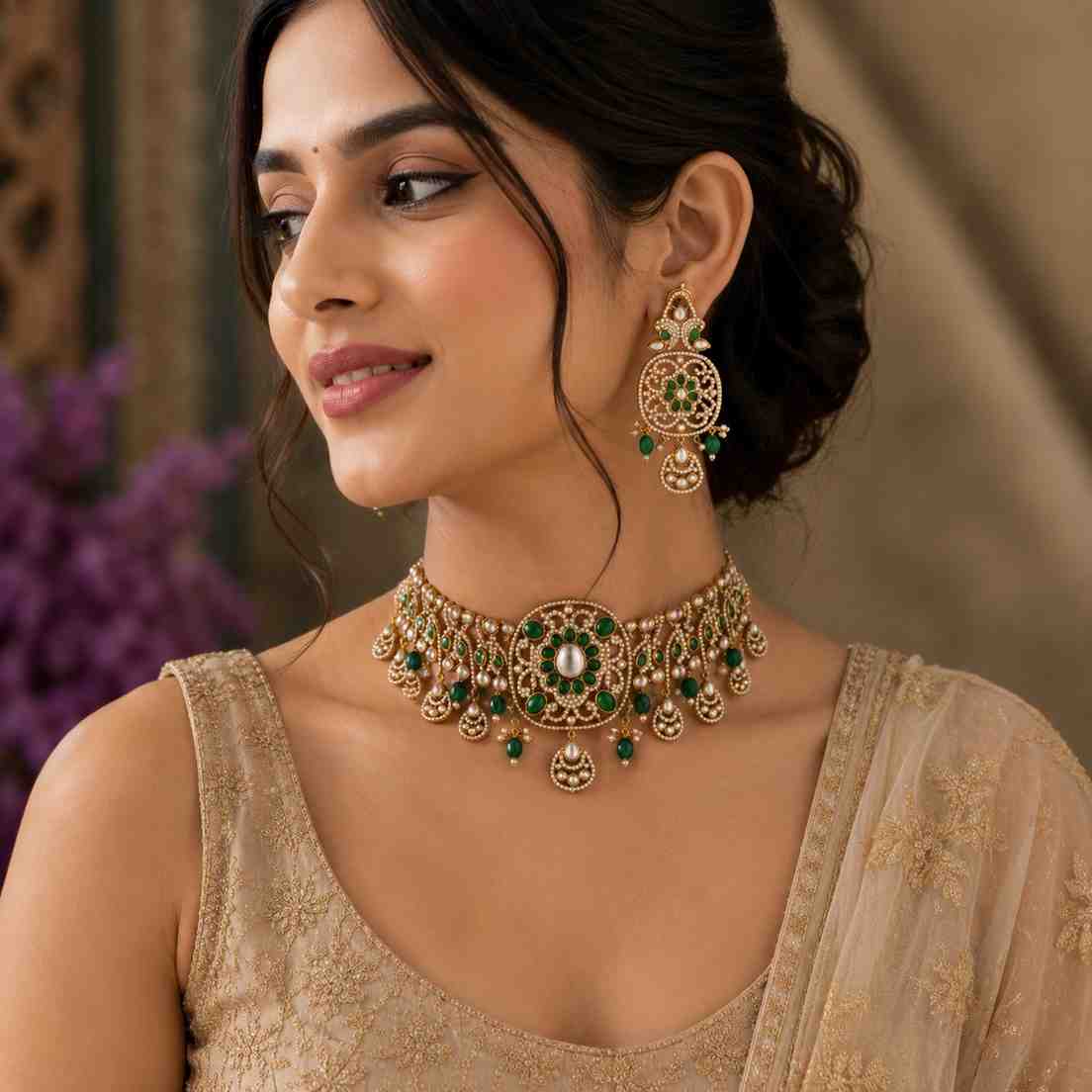 Royal Emerald Kundan Fringe Choker Set