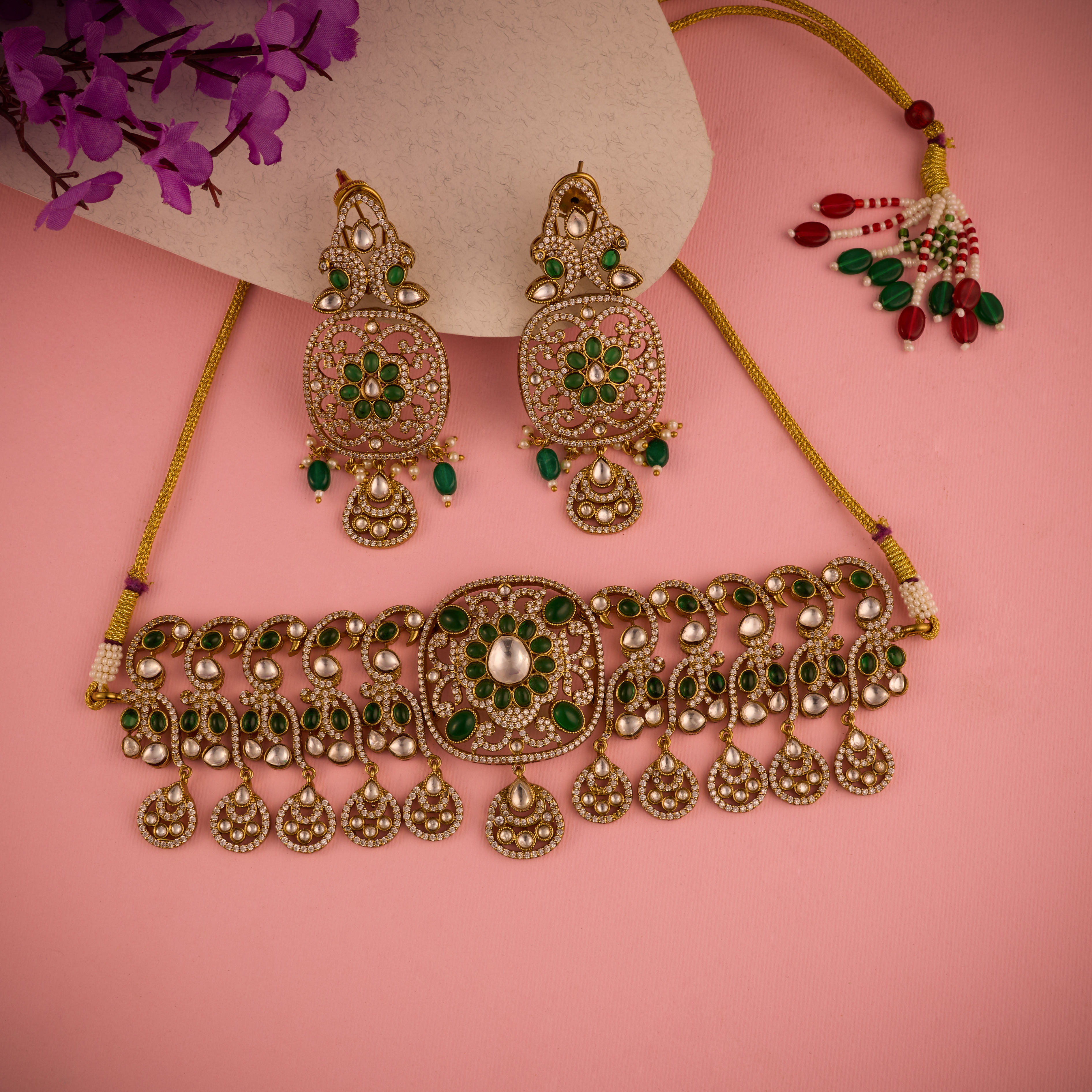 Royal Emerald Kundan Fringe Choker Set