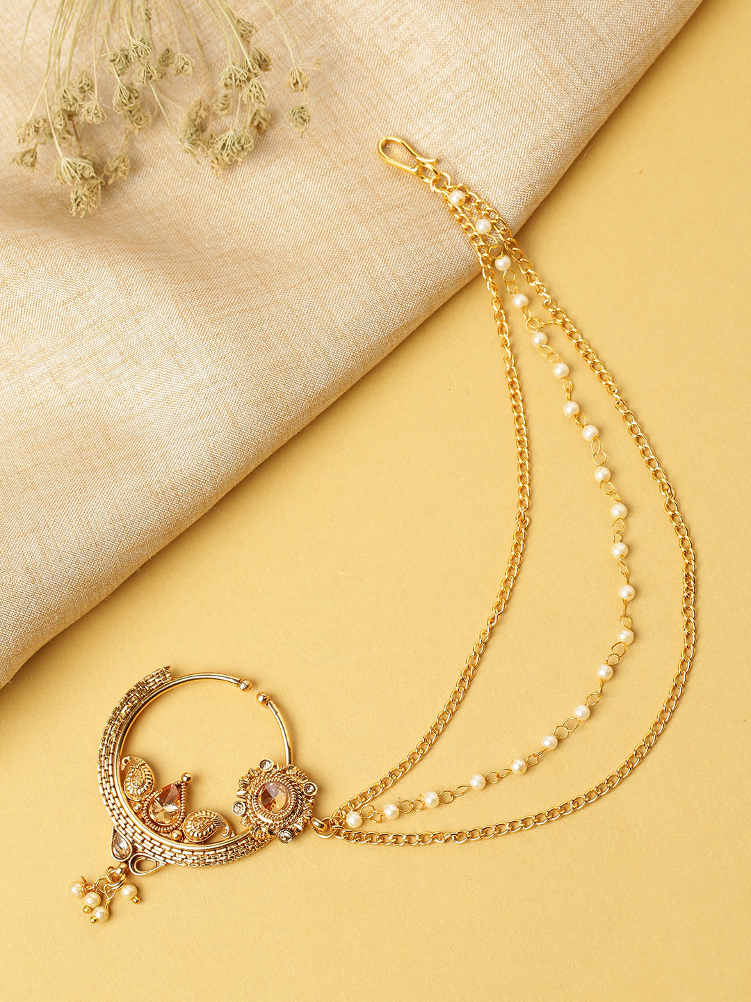 Triple Layer Pearl & Chain Bridal Nath – Gold Plated Traditional Wedding Nathni for Women