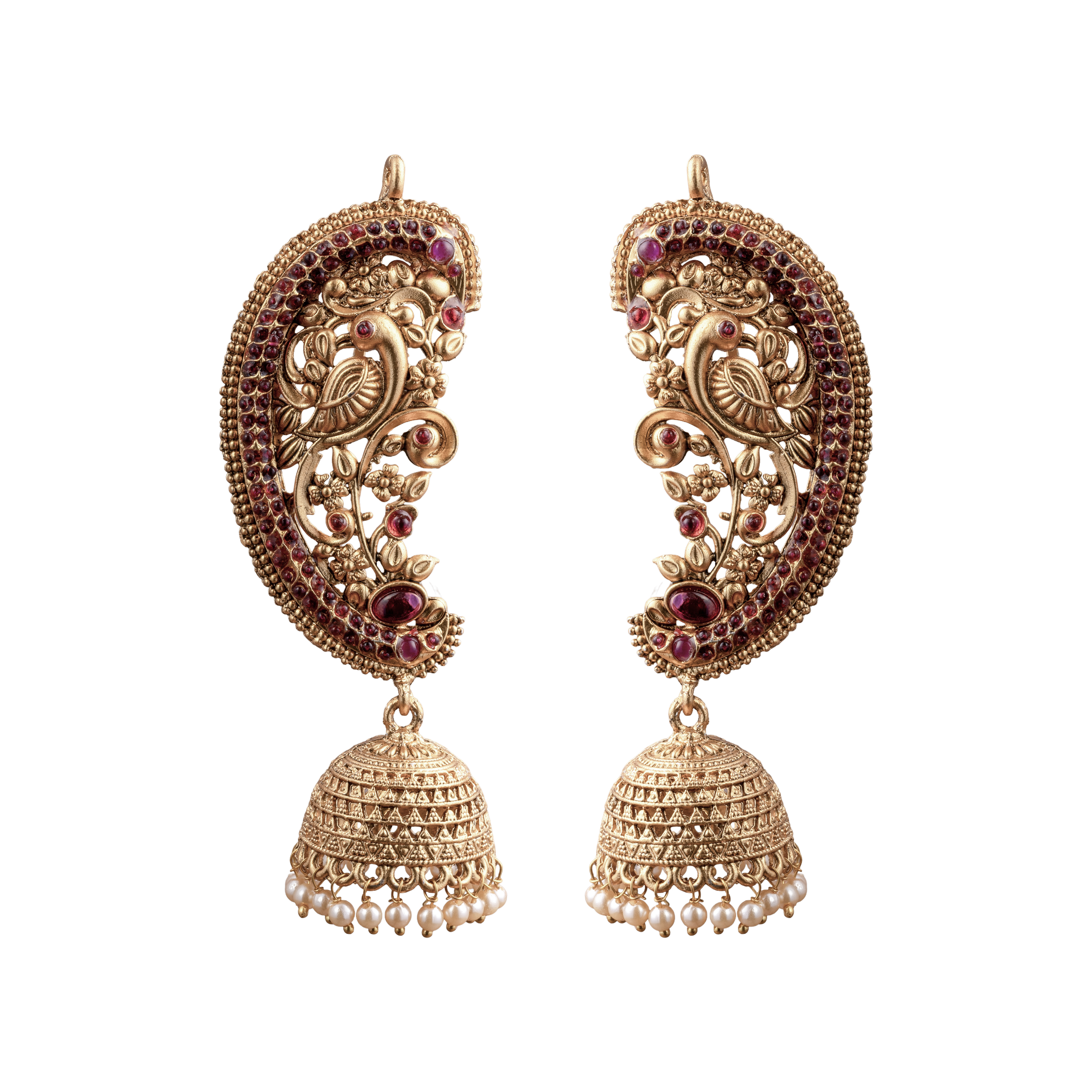 Traditional  Peacock Earcuff Earrings  with Red Motifs