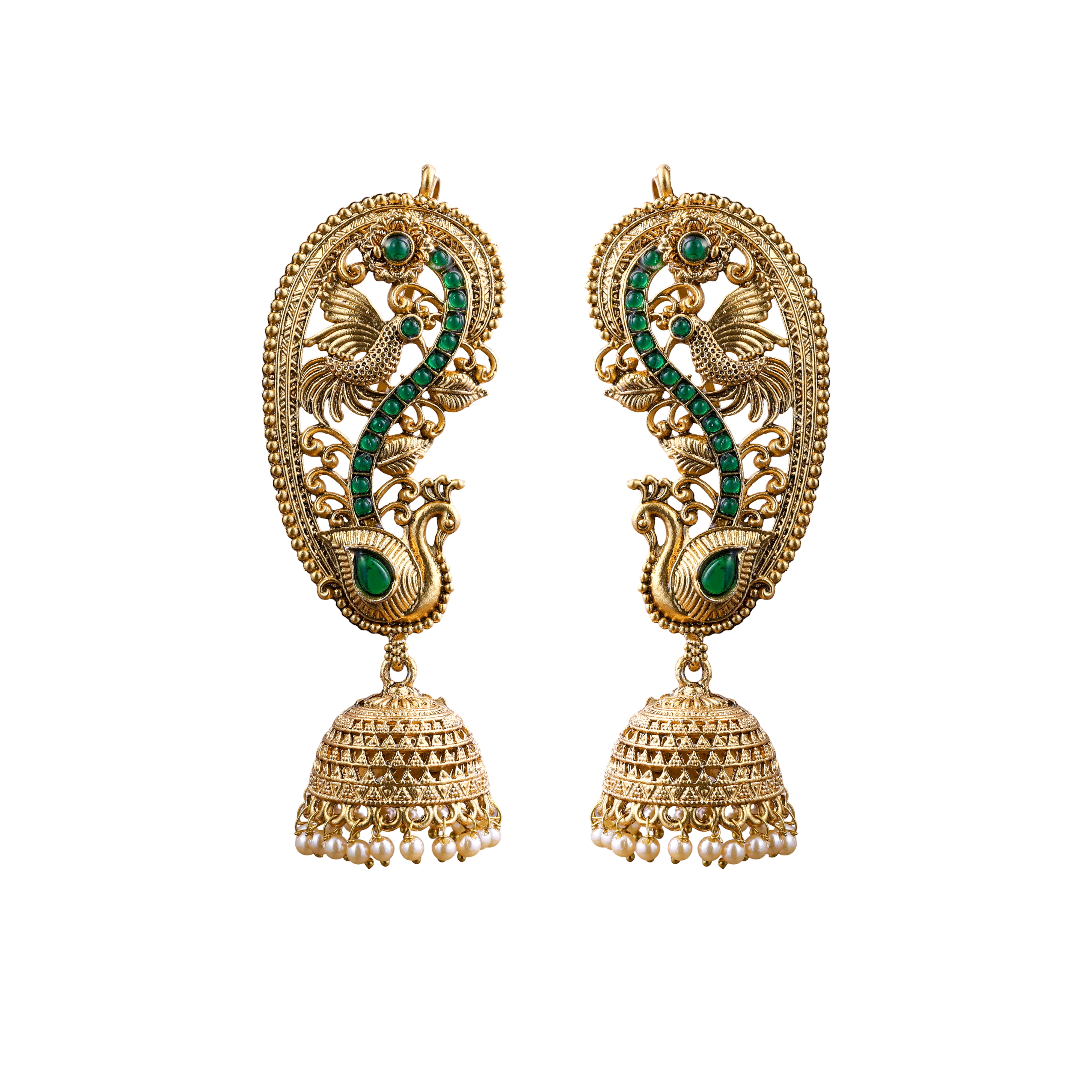 Green Peacock Viraasat Gold Jhumka and earcuffs Earrings